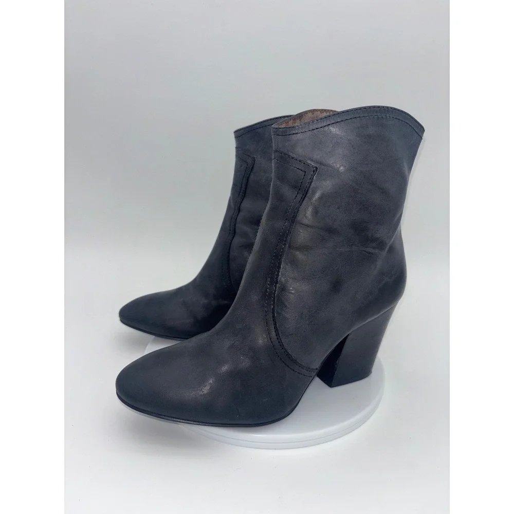 VINTAGE NINE WEST Black Leather Boot Heeled‎ Ankle Chunky Back Zip Dashiell 8.5